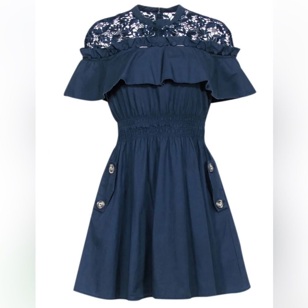 SELF-PORTRAIT NAVY POPLIN EMBROIDERED LACE SHORT SLEEVE MINI DRESS Sz 4